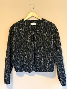Grey Black Leopard Print Wool Bomber Blazer Jacket